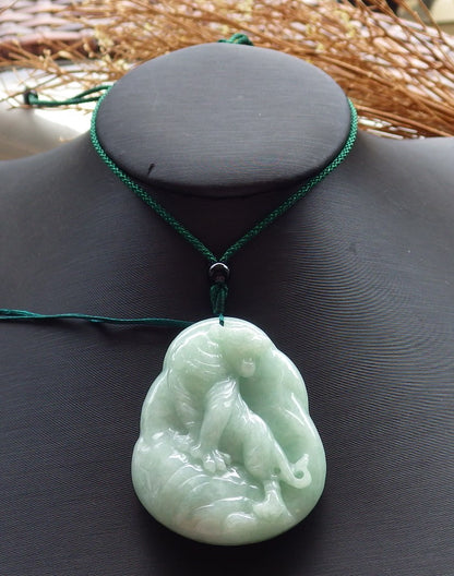 Certified Hand Carved Green Natural Myanmar Burma A Jade Jadeite Zodiac Tiger Pendant Necklace