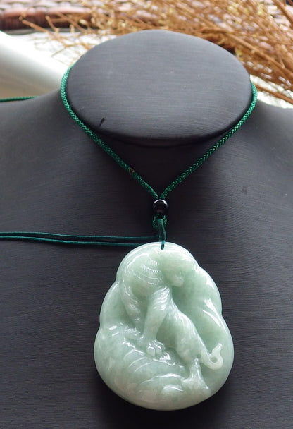 Certified Hand Carved Green Natural Myanmar Burma A Jade Jadeite Zodiac Tiger Pendant Necklace