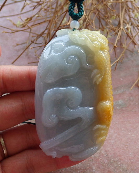 Certified Hand Carved Green Yellow Burma Natural Myanmar Burma A Jade jadeite Dragon Lotus Flower Pendant Necklace