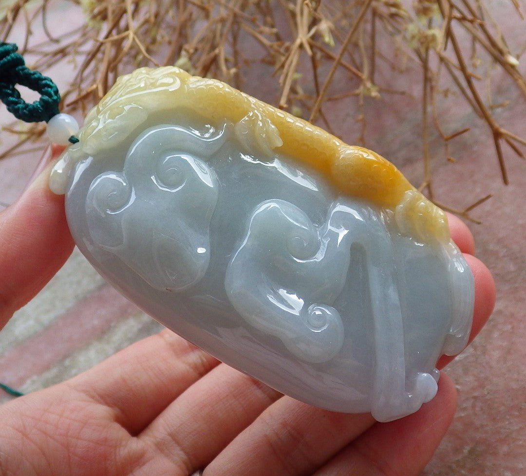 Certified Hand Carved Green Yellow Burma Natural Myanmar Burma A Jade jadeite Dragon Lotus Flower Pendant Necklace