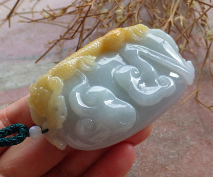 Certified Hand Carved Green Yellow Burma Natural Myanmar Burma A Jade jadeite Dragon Lotus Flower Pendant Necklace