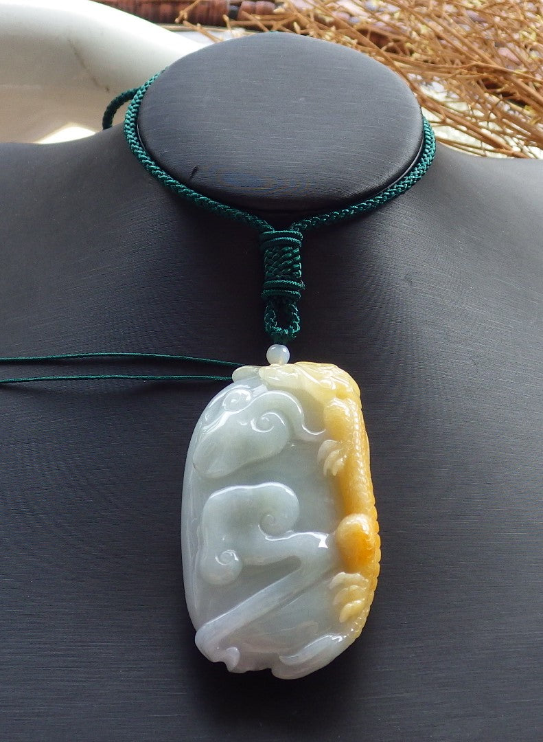 Certified Hand Carved Green Yellow Burma Natural Myanmar Burma A Jade jadeite Dragon Lotus Flower Pendant Necklace