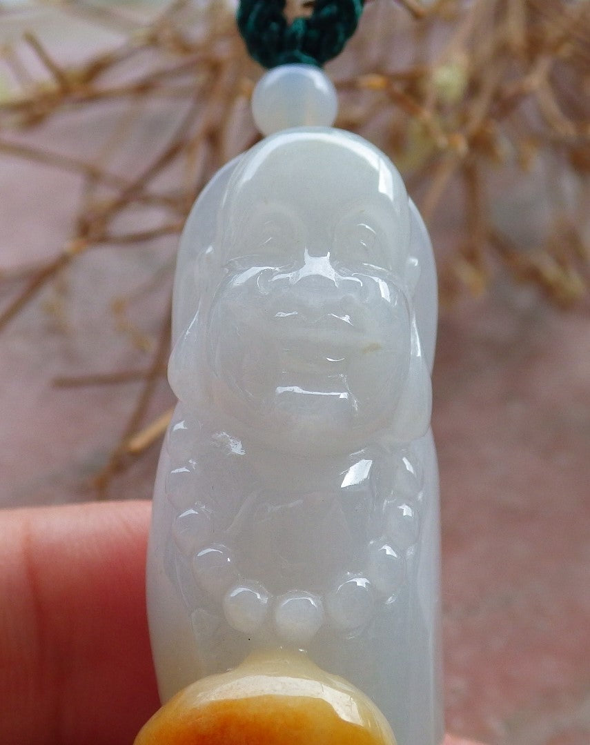 Certified Hand Carved Green Yellow Natural Myanmar Burma A Jade jadeite Buddha God Pendant Necklace