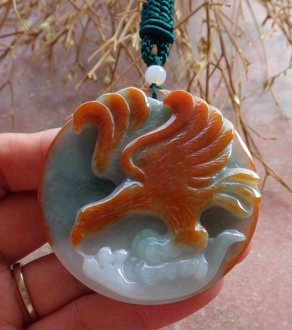 Certified Hand Carved Red Green Natural Burma A Jade jadeite Phoenix Eagle Pendant Necklace