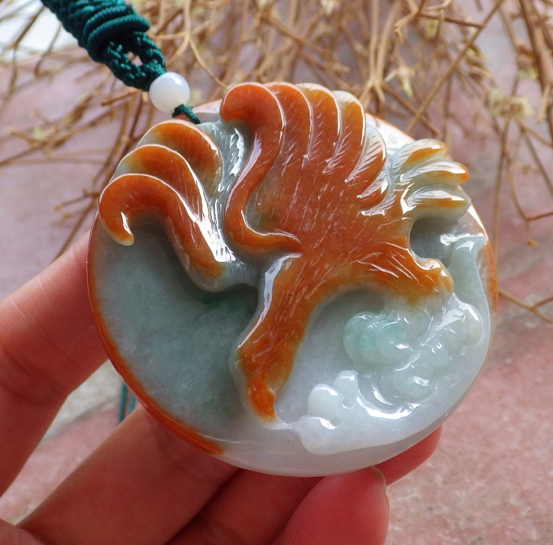 Certified Hand Carved Red Green Natural Burma A Jade jadeite Phoenix Eagle Pendant Necklace