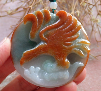 Certified Hand Carved Red Green Natural Burma A Jade jadeite Phoenix Eagle Pendant Necklace