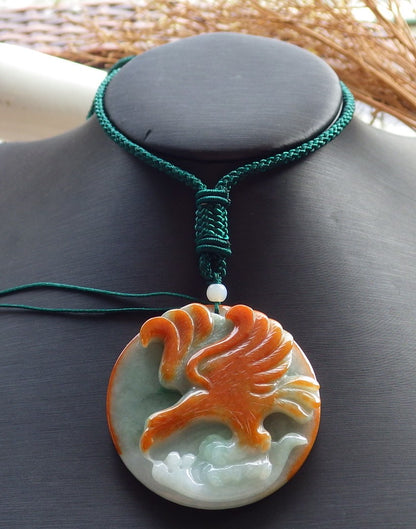 Certified Hand Carved Red Green Natural Burma A Jade jadeite Phoenix Eagle Pendant Necklace