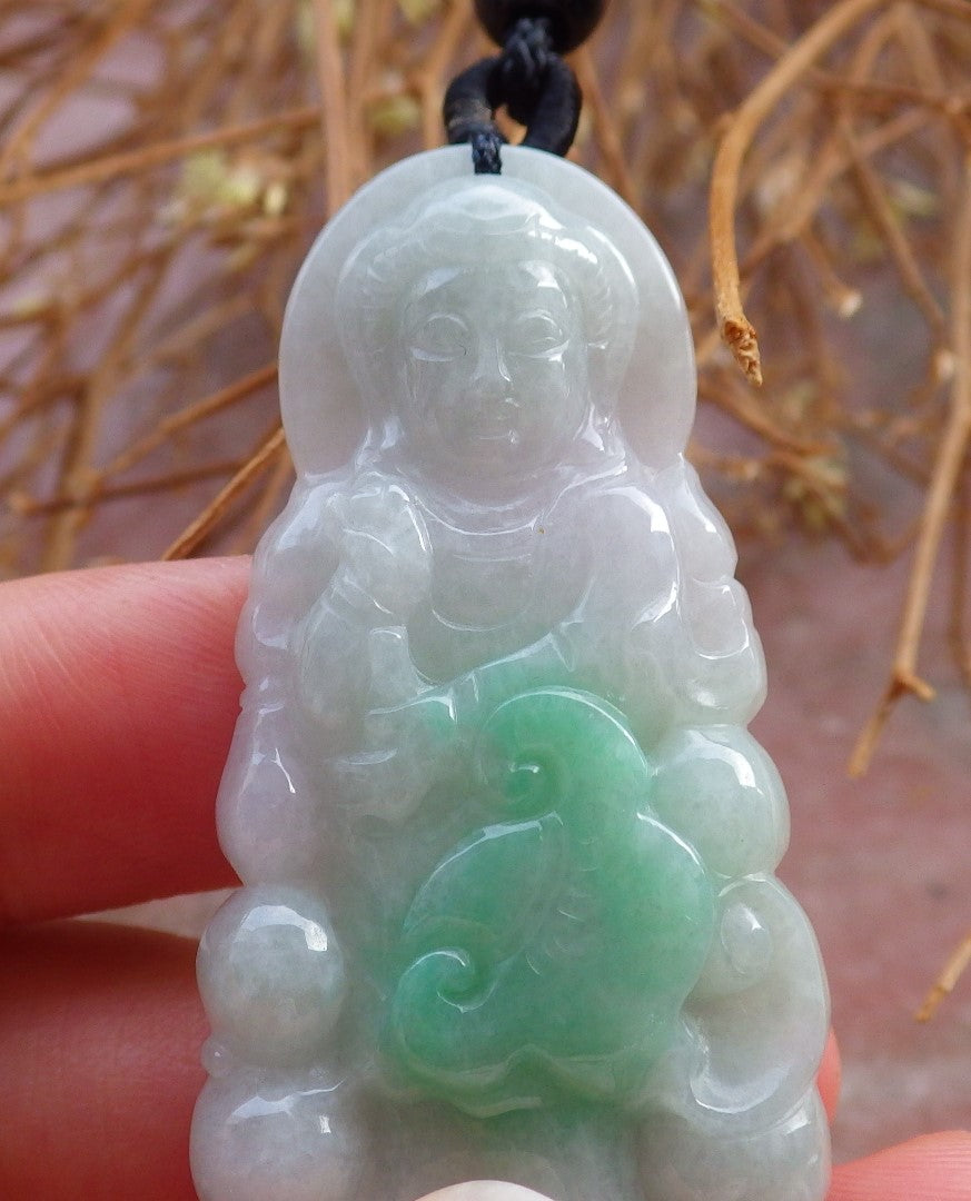 Certified Hand Carved Green Natural Myanmar Burma A Jade jadeite Guanyin Kwan Yin Pendant Necklace