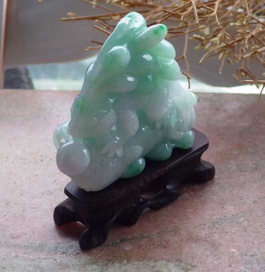 Certified Green Lavender Natural Myanmar Burma Hand Carved A Jade jadeite Dragon Lizard Display with Wood Stand