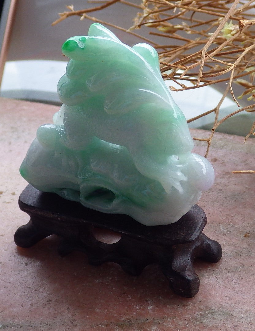 Certified Green Lavender Natural Myanmar Burma Hand Carved A Jade jadeite Dragon Lizard Display with Wood Stand