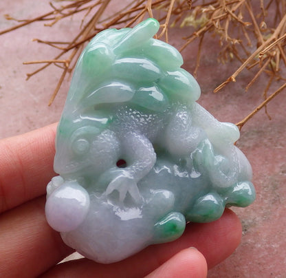 Certified Green Lavender Natural Myanmar Burma Hand Carved A Jade jadeite Dragon Lizard Display with Wood Stand