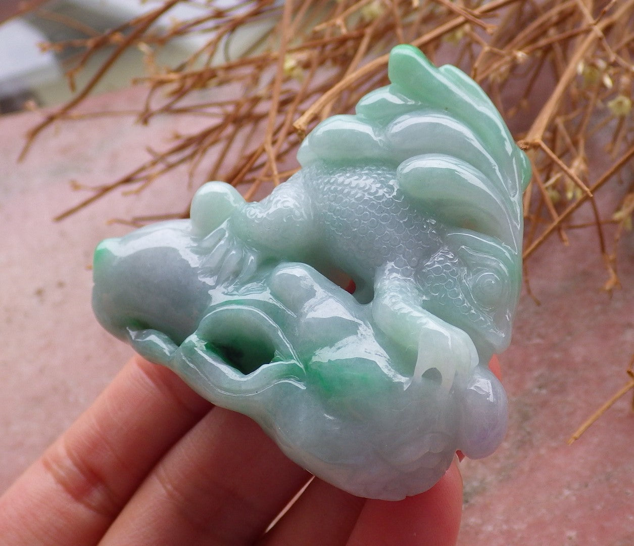 Certified Green Lavender Natural Myanmar Burma Hand Carved A Jade jadeite Dragon Lizard Display with Wood Stand