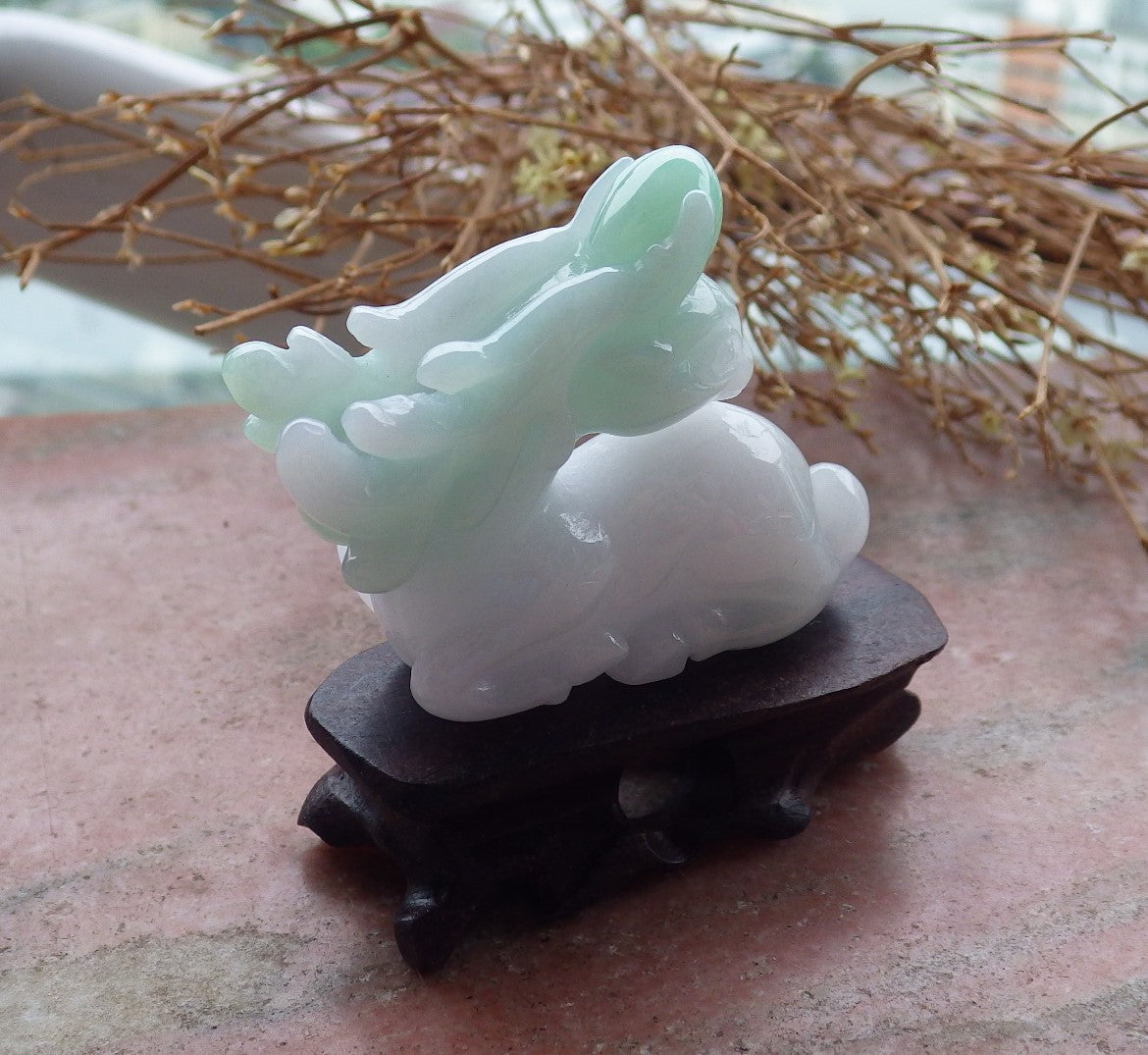 Certified Green Lavender Natural Myanmar Burma Hand Carved A Jade jadeite Deer Bead Display with Wood Stand