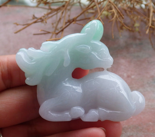 Certified Green Lavender Natural Myanmar Burma Hand Carved A Jade jadeite Deer Bead Display with Wood Stand