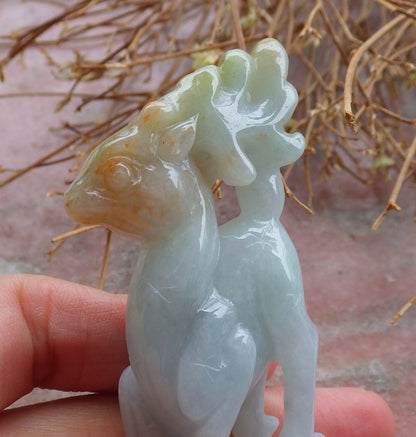 Certified 3 Color Green Lavender Yellow Natural Myanmar Burma Hand Carved A Jade jadeite Deer Bead Display with Wood Stand