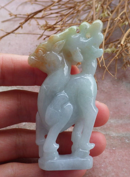 Certified 3 Color Green Lavender Yellow Natural Myanmar Burma Hand Carved A Jade jadeite Deer Bead Display with Wood Stand