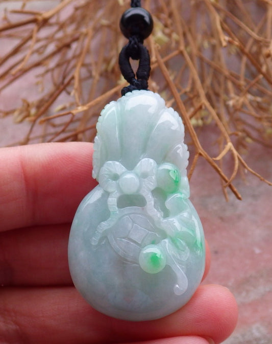 Certified Hand Carved Green Natural Myanmar Burma A Jade jadeite Bat Money Coin Bag Pendant Necklace