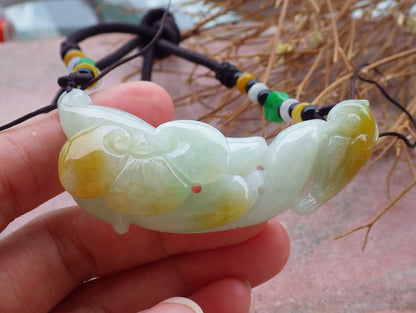 Certified Hand Carved Yellow 100% Natural Myanmar Burma Grade A Jade Jadeite Phoenix Bird Lotus Pendant Necklace