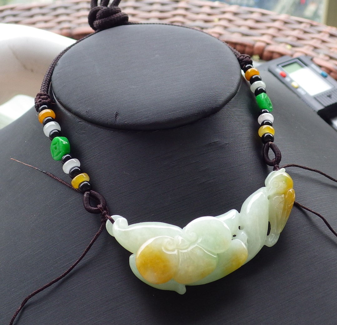 Certified Hand Carved Yellow 100% Natural Myanmar Burma Grade A Jade Jadeite Phoenix Bird Lotus Pendant Necklace