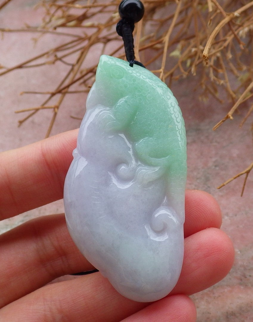 Certified Hand Carved Green 100% Natural Myanmar Burma A Jade jadeite Dragon Lizard Ruyi Pendant Necklace