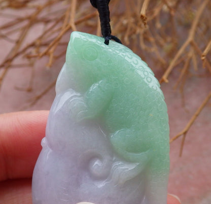 Certified Hand Carved Green 100% Natural Myanmar Burma A Jade jadeite Dragon Lizard Ruyi Pendant Necklace