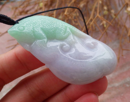 Certified Hand Carved Green 100% Natural Myanmar Burma A Jade jadeite Dragon Lizard Ruyi Pendant Necklace