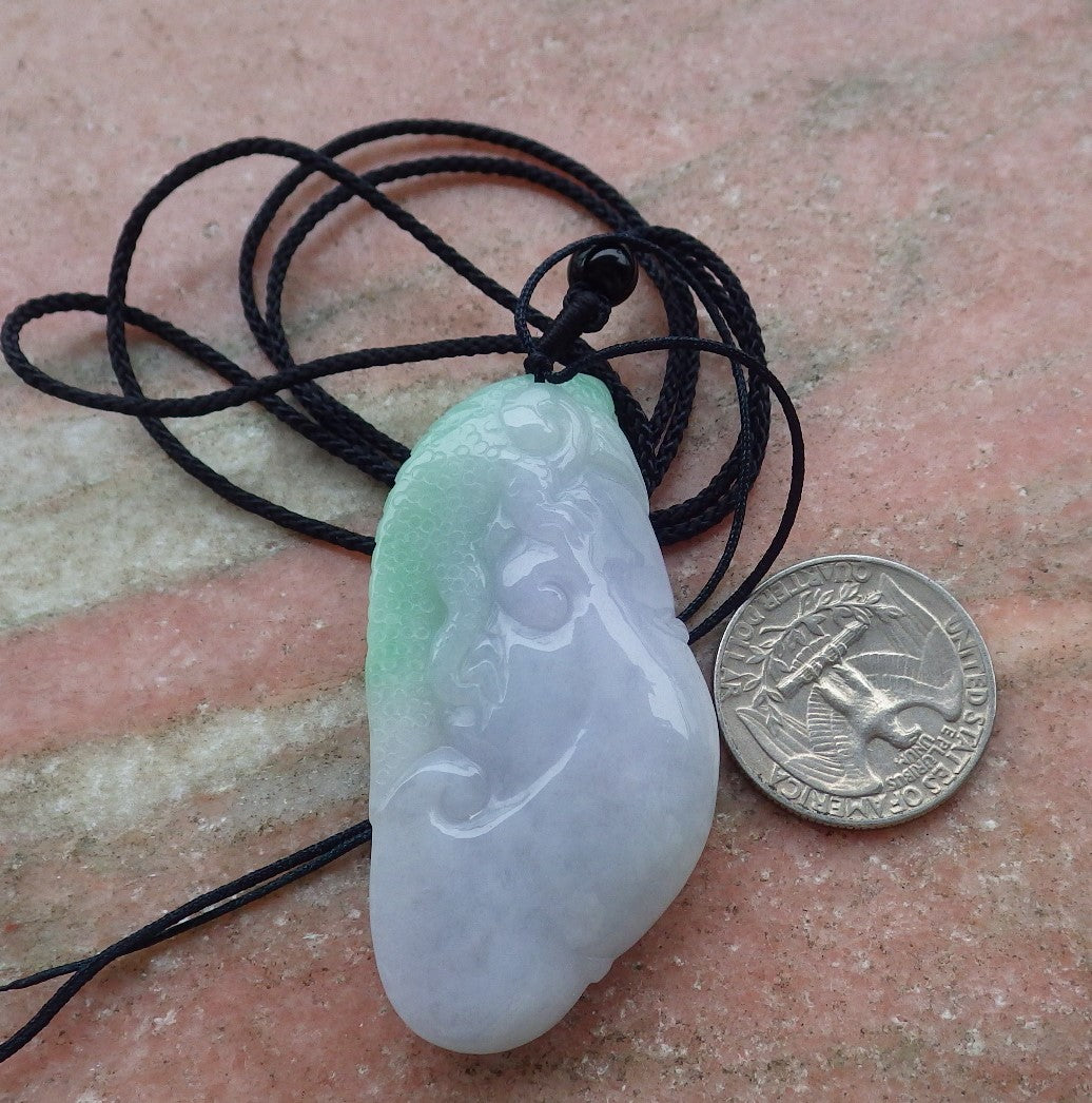 Certified Hand Carved Green 100% Natural Myanmar Burma A Jade jadeite Dragon Lizard Ruyi Pendant Necklace