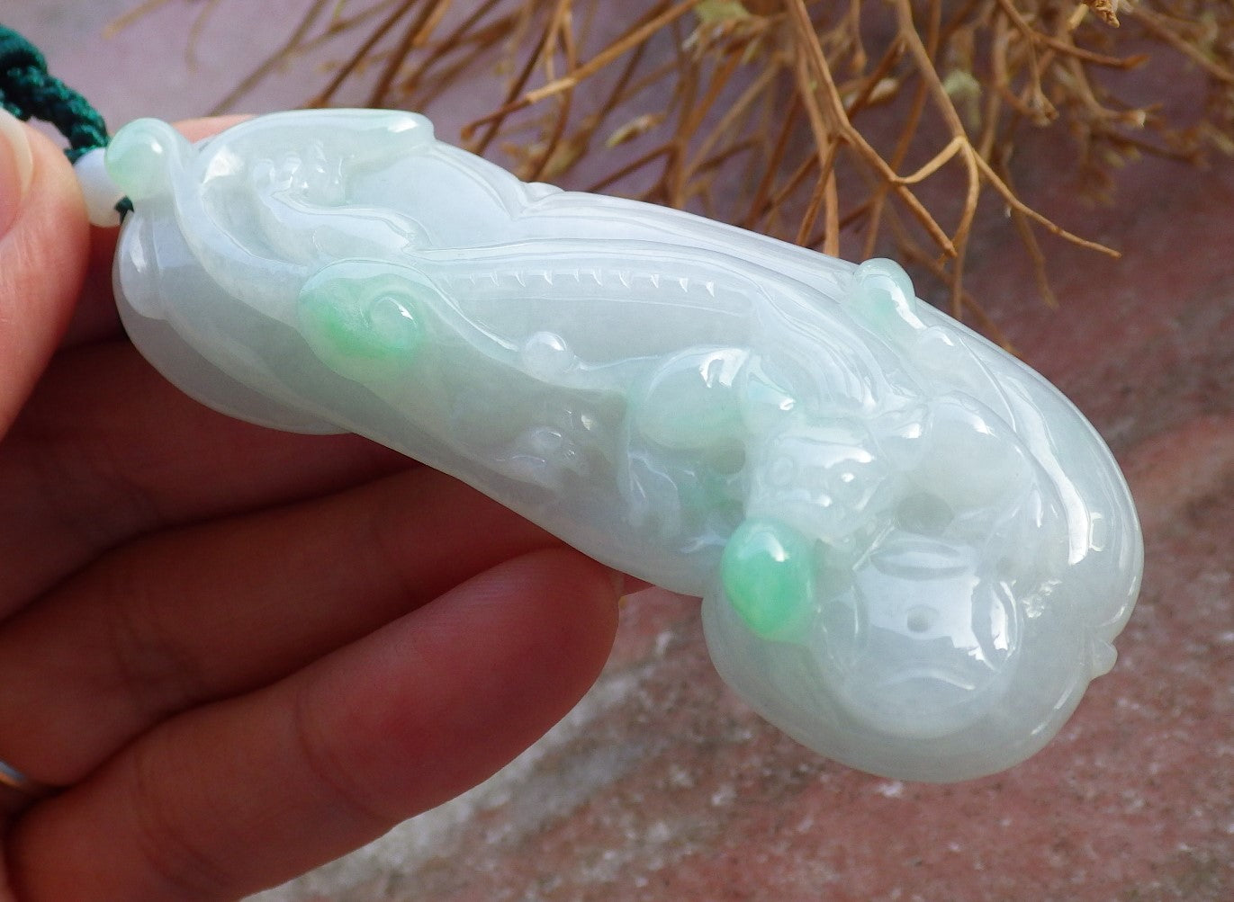 Certified Hand Carved Green Natural A Jade Jadeite Dragon Pi Xiu Ruyi Pendant Necklace