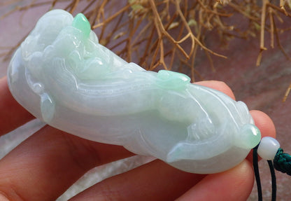 Certified Hand Carved Green Natural A Jade Jadeite Dragon Pi Xiu Ruyi Pendant Necklace