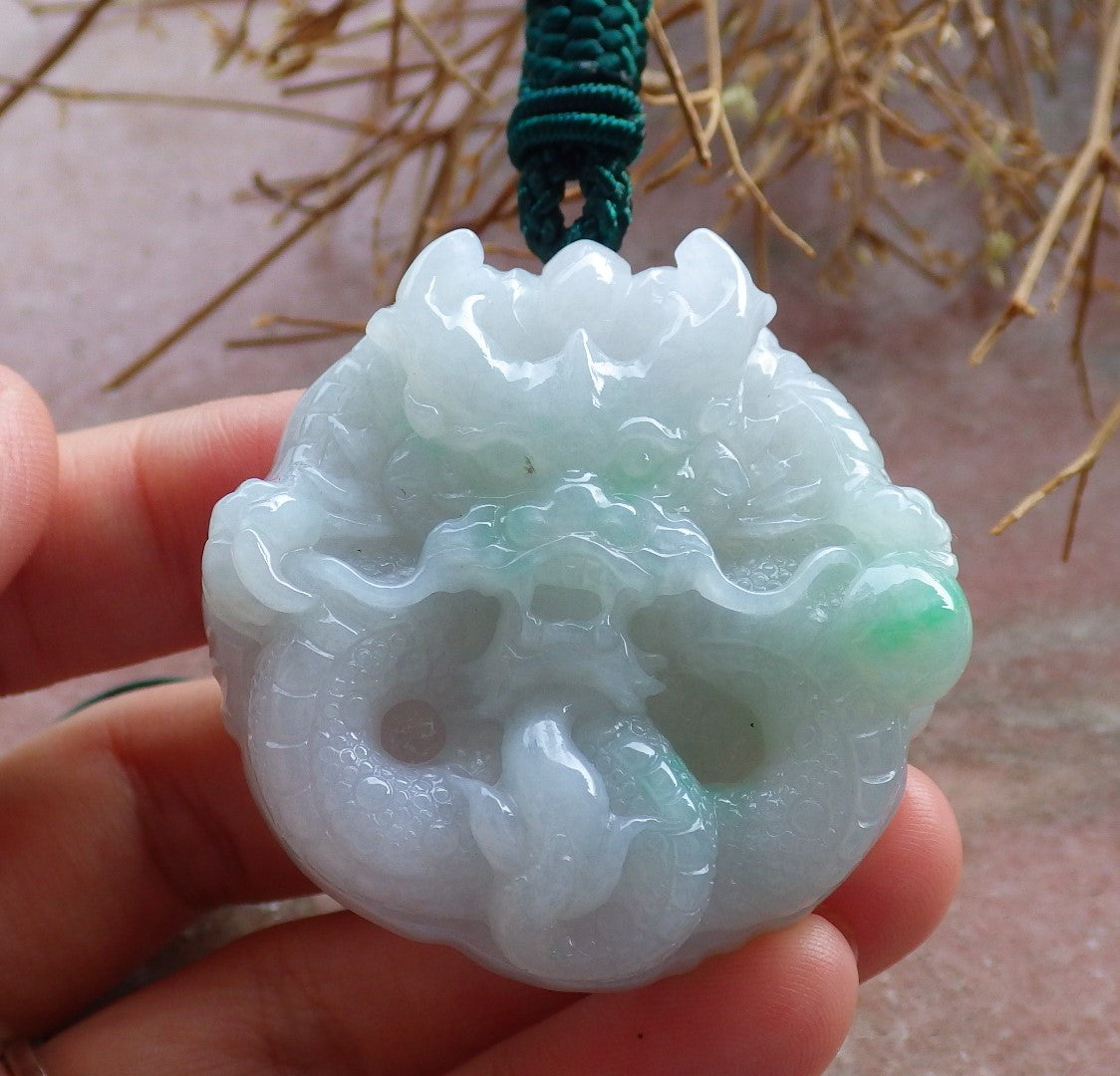 Certified Hand Carved Green Natural Myanmar Burma A Jade jadeite Circle Dragon Bead Beads Pendant Necklace