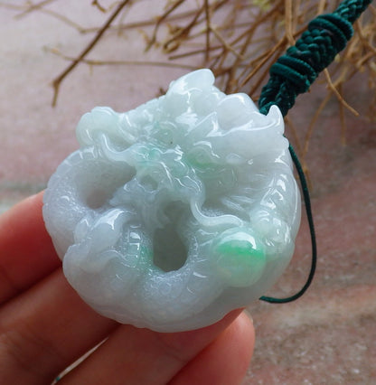 Certified Hand Carved Green Natural Myanmar Burma A Jade jadeite Circle Dragon Bead Beads Pendant Necklace