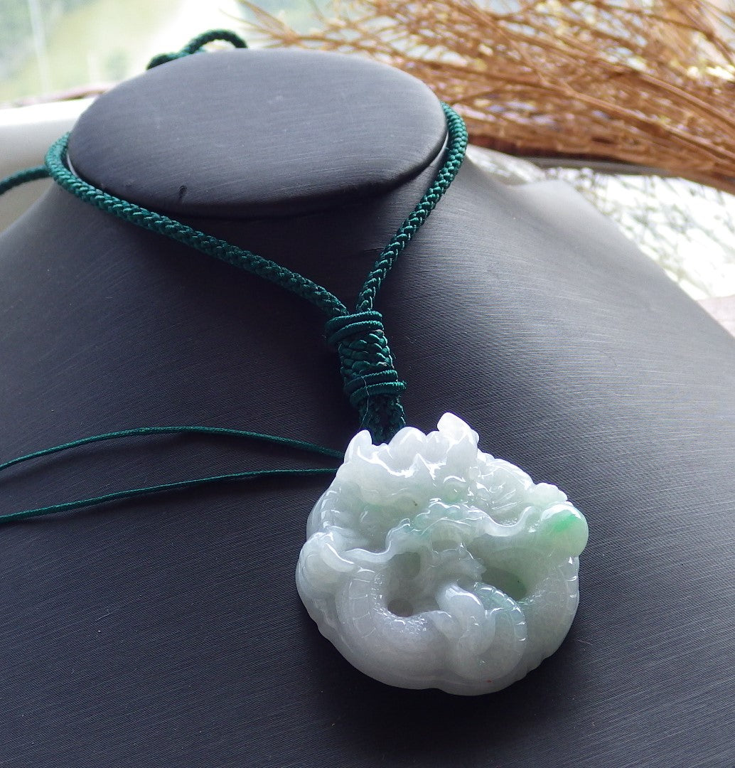 Certified Hand Carved Green Natural Myanmar Burma A Jade jadeite Circle Dragon Bead Beads Pendant Necklace