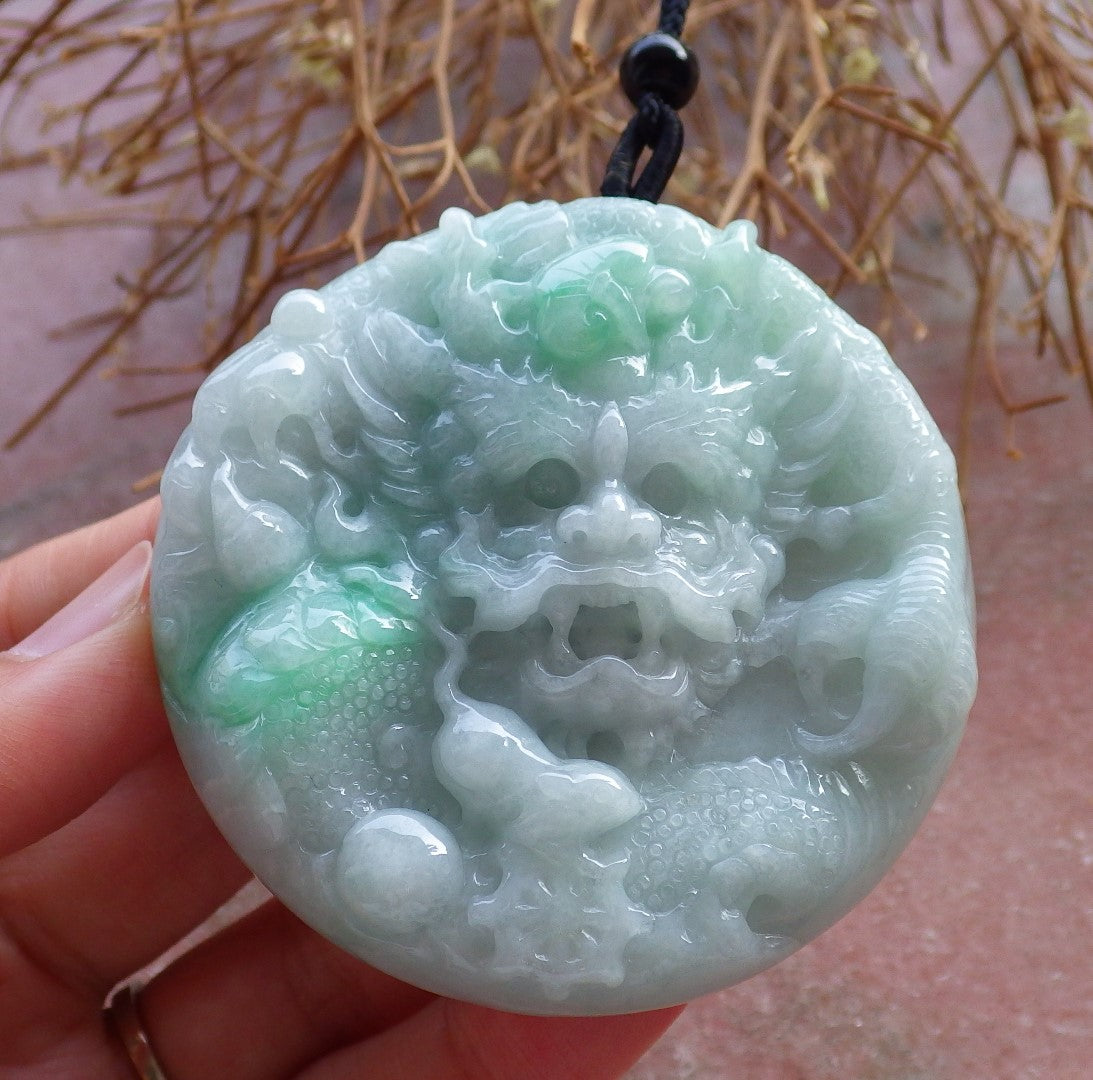 Certified Hand Carved Green Natural Myanmar Burma A Jade jadeite Circle Dragon Bead Beads Mouse Rat Pendant Necklace