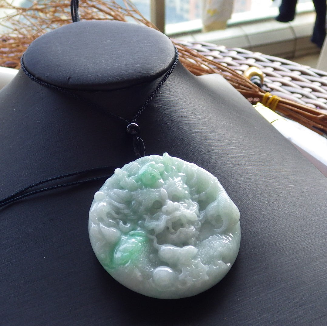 Certified Hand Carved Green Natural Myanmar Burma A Jade jadeite Circle Dragon Bead Beads Mouse Rat Pendant Necklace