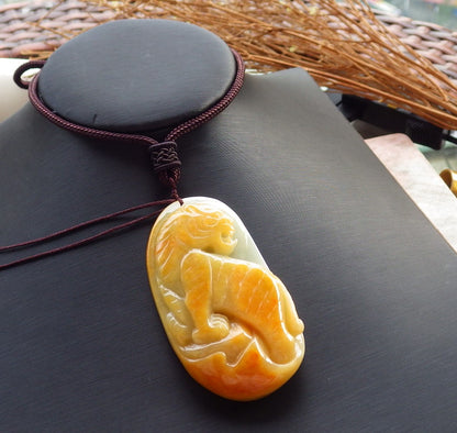 Certified Hand Carved Green Yellow 100% Natural Myanmar Burma A Jade jadeite Tiger Zodiac Pendant Necklace