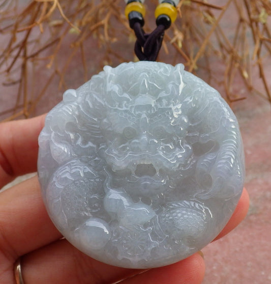 Certified Hand Carved Icy Green Lavender Natural Myanmar Burma A Jade jadeite Circle Dragon Bead Beads Pendant Necklace