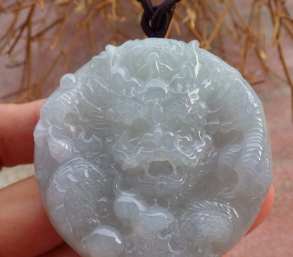 Certified Hand Carved Icy Green Lavender Natural Myanmar Burma A Jade jadeite Circle Dragon Bead Beads Pendant Necklace