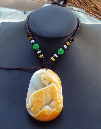 Certified Hand Carved Green Yellow 100% Natural Myanmar Burma A Jade jadeite Tiger Zodiac Pendant Necklace