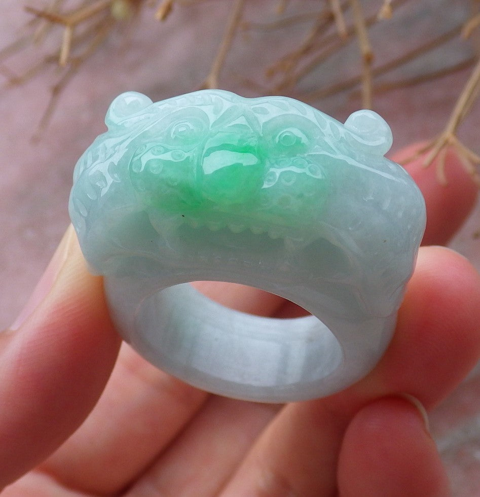 Certified Hand Carved Green Natural Myanmar Burma A JADE Jadeite Zodiac Tiger Ring US 10