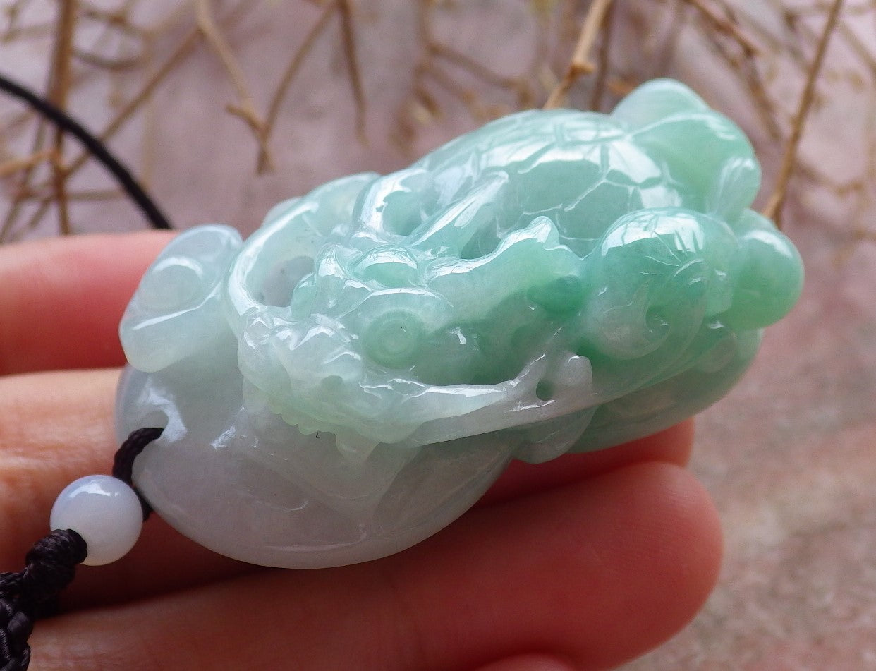 Certified Hand Carved Green Natural Myanmar Burma Grade A Jade jadeite Dragon Turtle Pendant Necklace