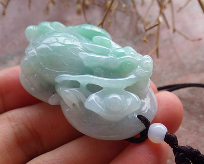 Certified Hand Carved Green Natural Myanmar Burma Grade A Jade jadeite Dragon Turtle Pendant Necklace