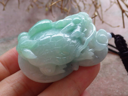 Certified Hand Carved Green Natural Myanmar Burma Grade A Jade jadeite Dragon Turtle Pendant Necklace