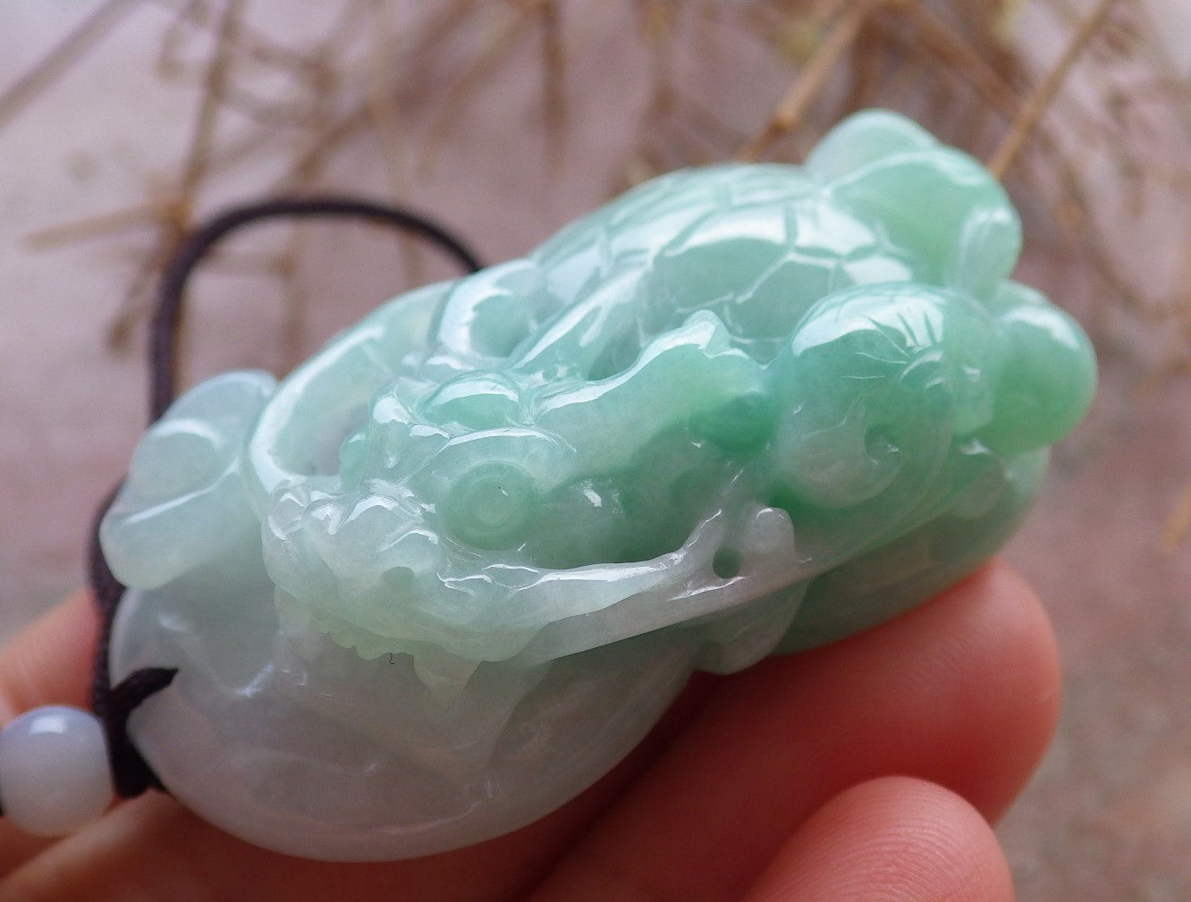 Certified Hand Carved Green Natural Myanmar Burma Grade A Jade jadeite Dragon Turtle Pendant Necklace