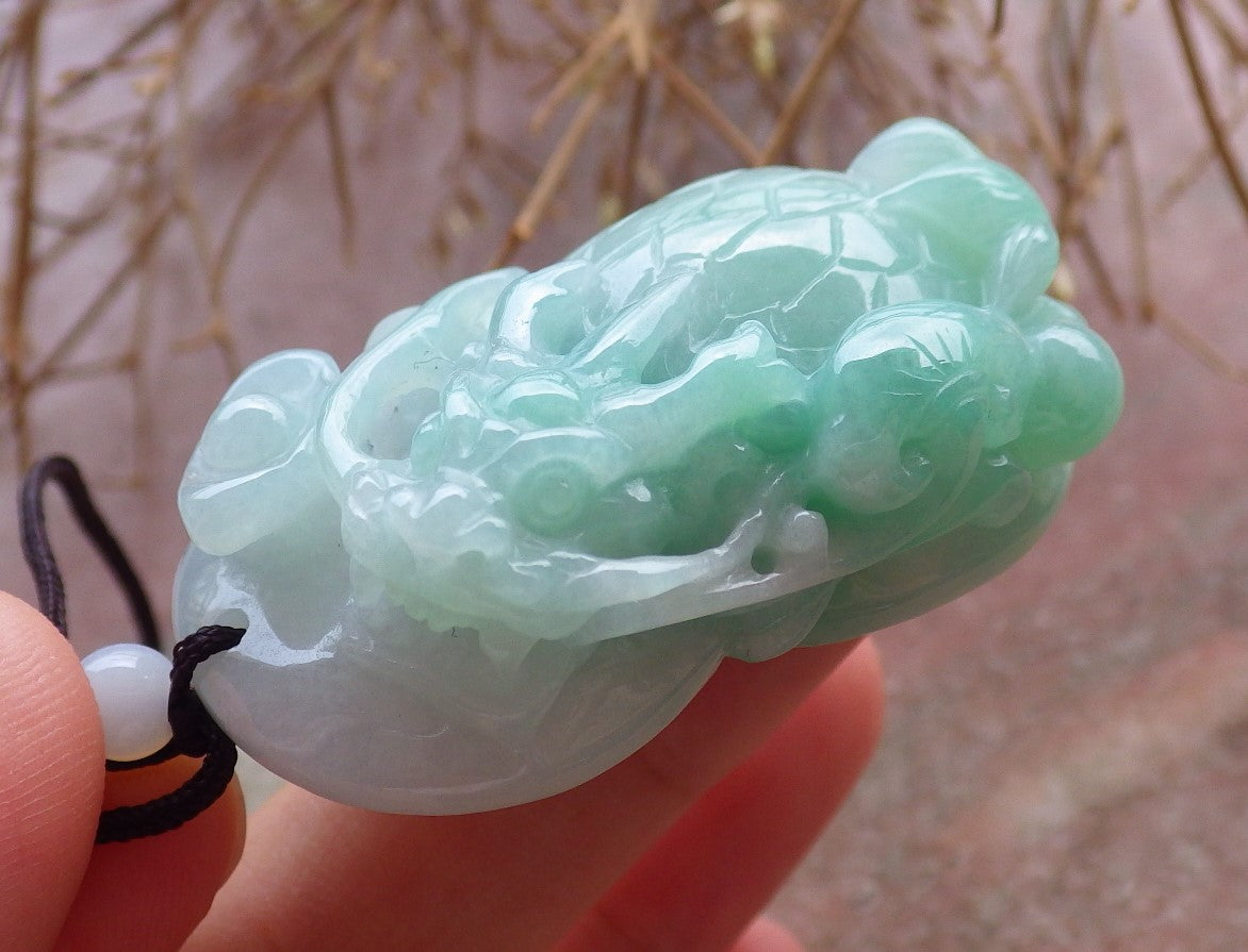 Certified Hand Carved Green Natural Myanmar Burma Grade A Jade jadeite Dragon Turtle Pendant Necklace