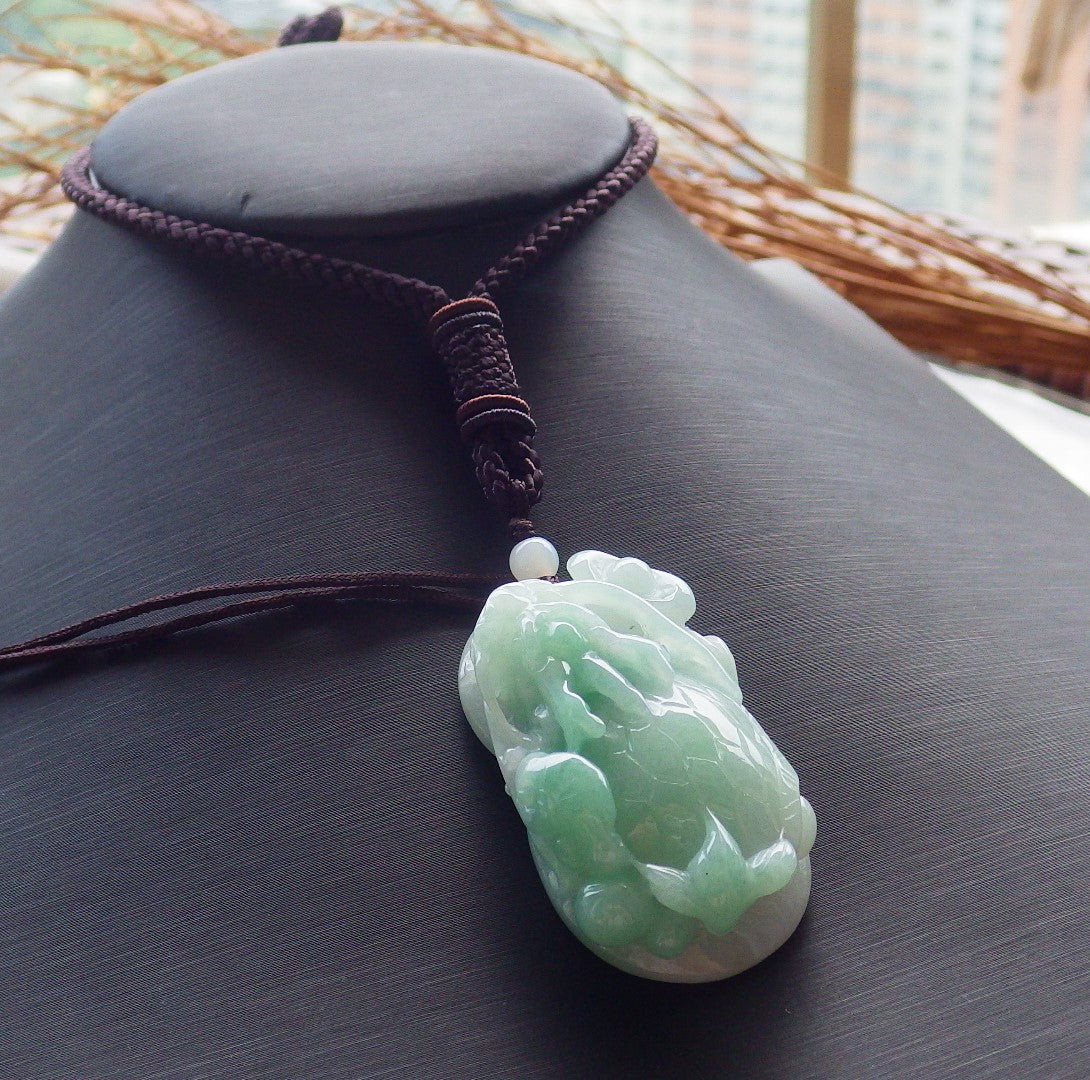 Certified Hand Carved Green Natural Myanmar Burma Grade A Jade jadeite Dragon Turtle Pendant Necklace