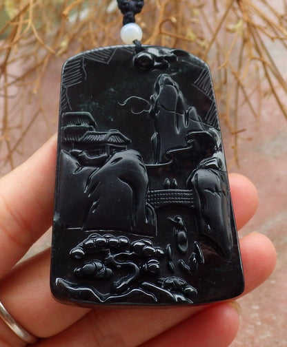 Certified Hand Carved Dark Green Black Natural Myanmar Burma A Jade Jadeite Landscape painting Pendant Necklace