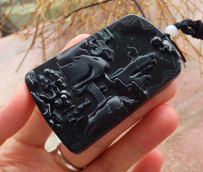 Certified Hand Carved Dark Green Black Natural Myanmar Burma A Jade Jadeite Landscape painting Pendant Necklace