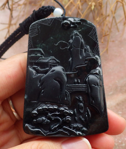 Certified Hand Carved Dark Green Black Natural Myanmar Burma A Jade Jadeite Landscape painting Pendant Necklace