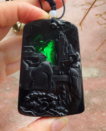 Certified Hand Carved Dark Green Black Natural Myanmar Burma A Jade Jadeite Landscape painting Pendant Necklace