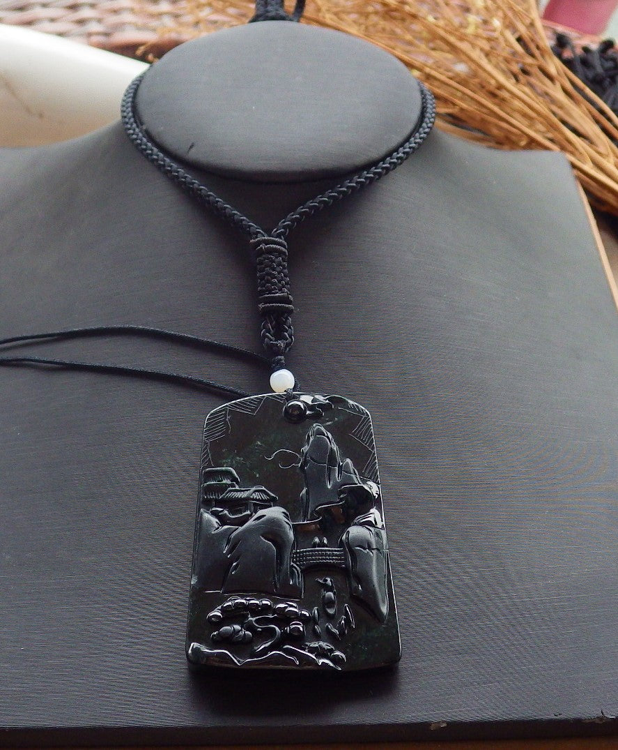 Certified Hand Carved Dark Green Black Natural Myanmar Burma A Jade Jadeite Landscape painting Pendant Necklace